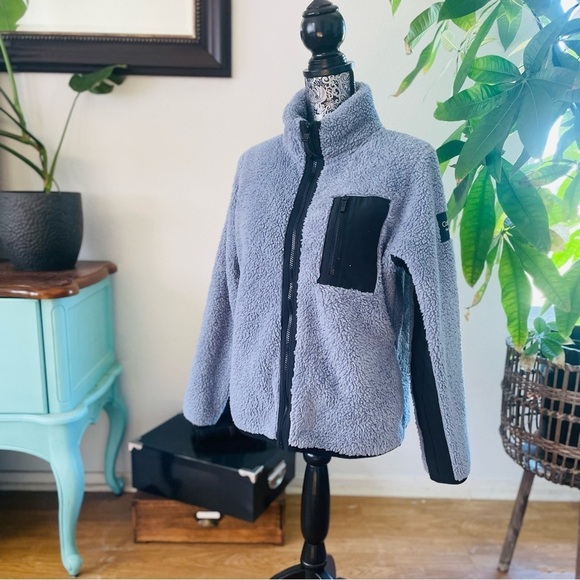 Calvin Klein Hybrid Teddy Fleece Zip Through Jacket in Steele Blue Gray, Size L - Picture 1 of 8